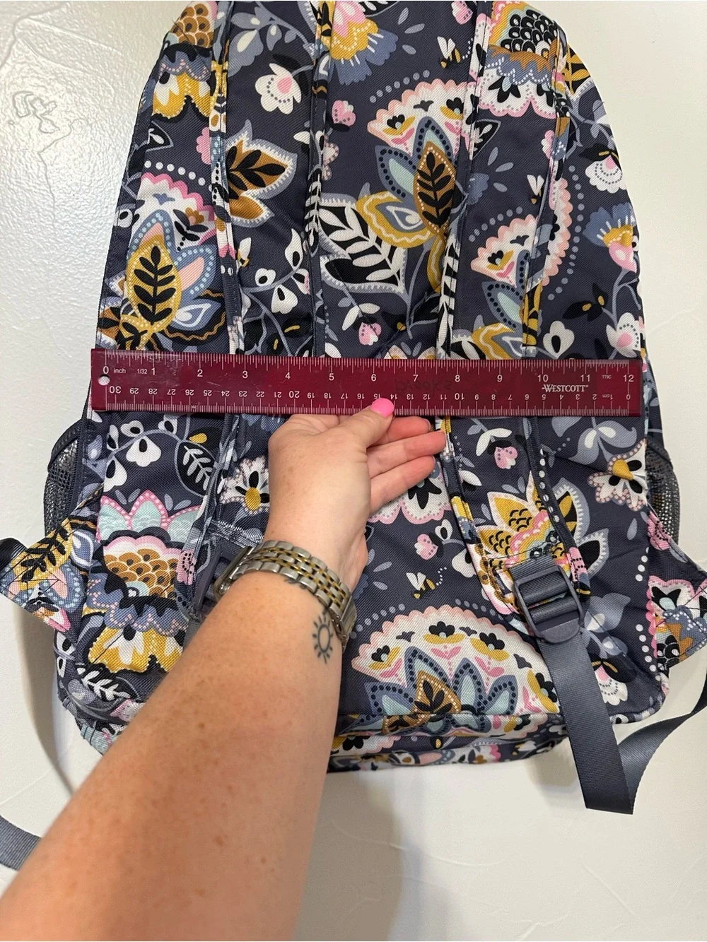 Vera Bradley Large Navy Floral Backpack with Pink, Yellow and Gray Accents